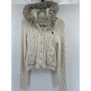 VTG Abercrombie & Fitch Fur Hooded Cardigan Sweater Womens L Cream Wool BlendY2K